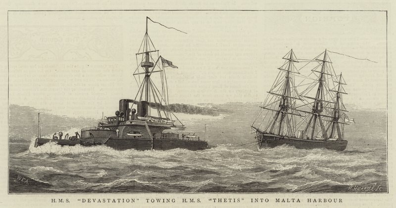 HMS Devastation remolcando HMS Thetis al Puerto de Malta de William Edward Atkins