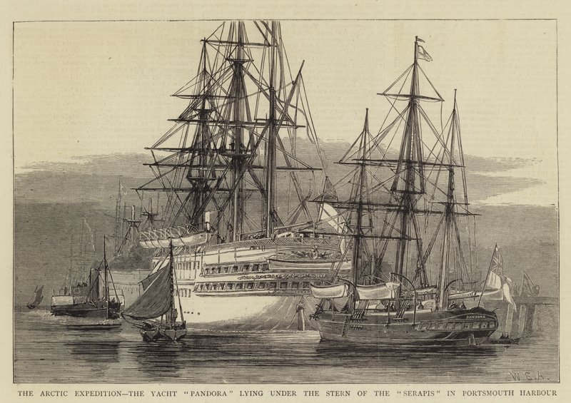 La Expedición Ártica, el Yate Pandora bajo la Popa del Serapis en el Puerto de Portsmouth de William Edward Atkins