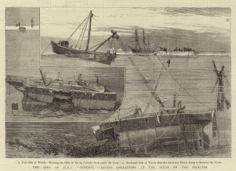 La pérdida del HMS Doterel, operaciones de buceo en la escena del desastre de William Edward Atkins