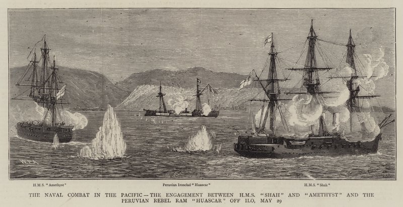 El combate naval en el Pacífico, el enfrentamiento entre el HMS Shah y Amethyst y el ariete rebelde peruano Huascar frente a Ilo, 29 de mayo de William Edward Atkins