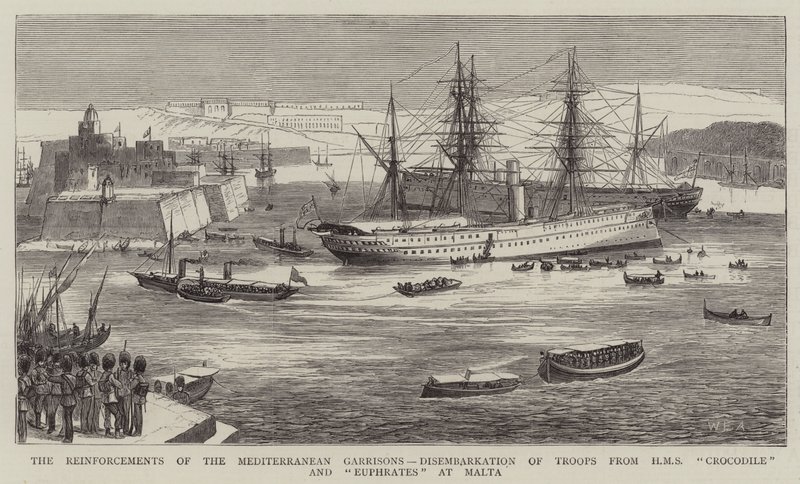 Los Refuerzos de las Guarniciones del Mediterráneo, Desembarco de Tropas del HMS Crocodile y Euphrates en Malta de William Edward Atkins