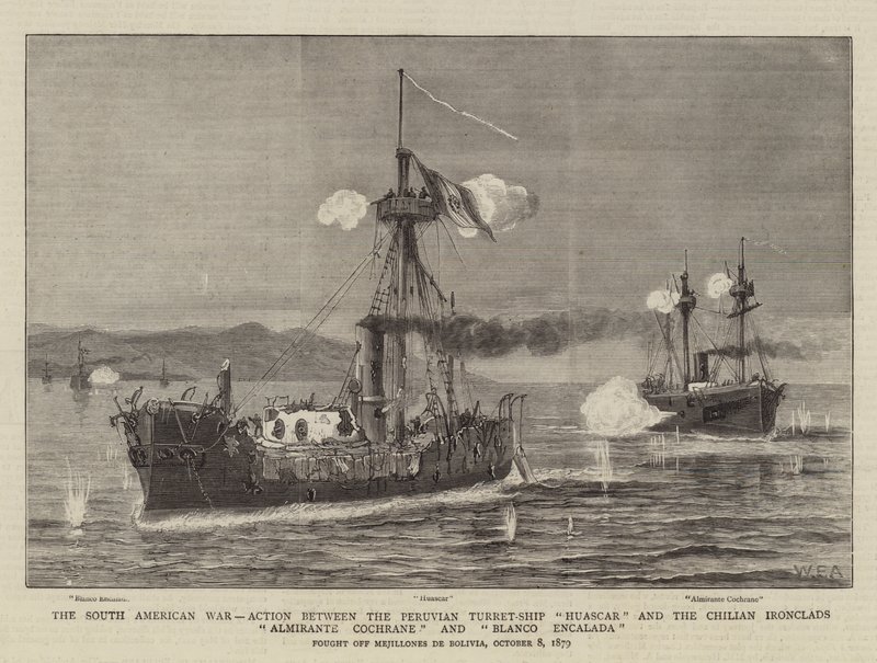 La guerra sudamericana, acción entre el buque torreta peruano Huascar y los acorazados chilenos Almirante Cochrane y Blanco Encalada de William Edward Atkins