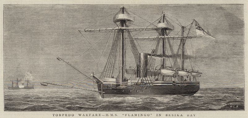 Guerra de torpedos, HMS Flamingo en la bahía de Besika de William Edward Atkins