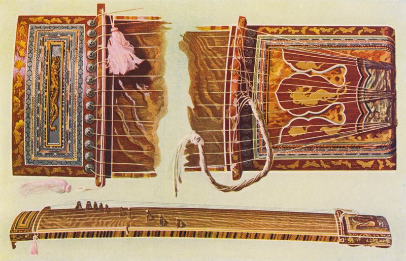 Instrumentos musicales: Koto japonés (litografía en color) de William Gibb