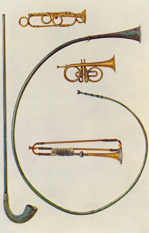 Instrumentos musicales: Lituus y Buccina, Corneta, Trompetas (litografía en color) de William Gibb