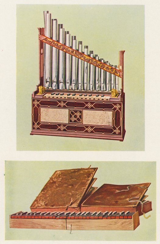 Instrumentos musicales: Órgano portátil y Biblia regia (litografía en color) de William Gibb