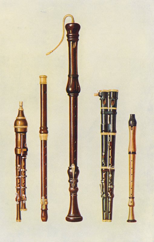 Instrumentos musicales: Dos flageolets dobles, una flauta alemana y dos flautas douces (litografía en color) de William Gibb