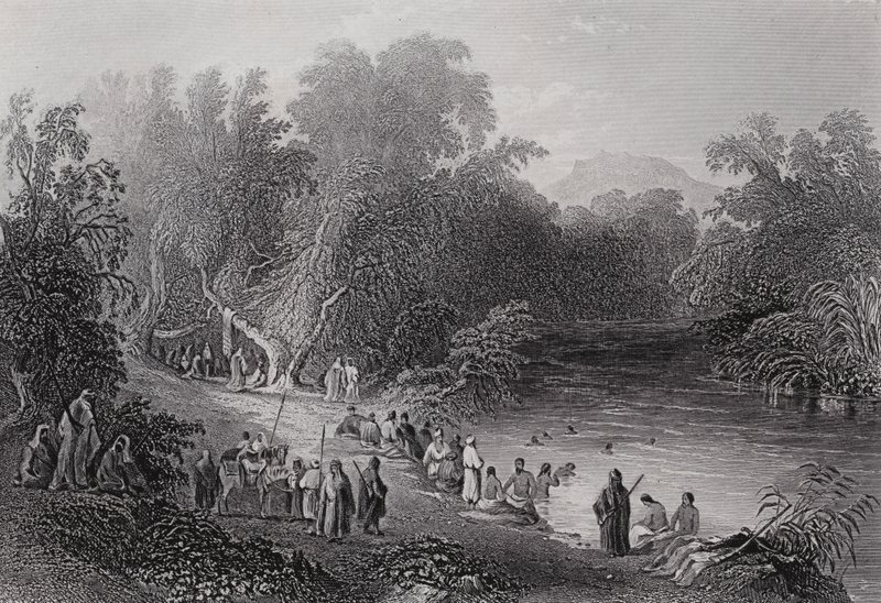El río Jordán, lugar de baño griego (grabado) de William H. Bartlett
