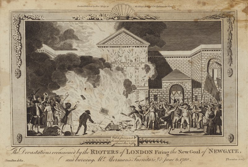 Las devastaciones ocasionadas por los alborotadores de Londres incendiando la nueva cárcel de Newgate de William Hamilton