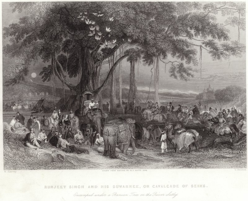 Runjeet Singh y su suwarree acampados bajo el árbol baniano en el río Sulley de William Harvey