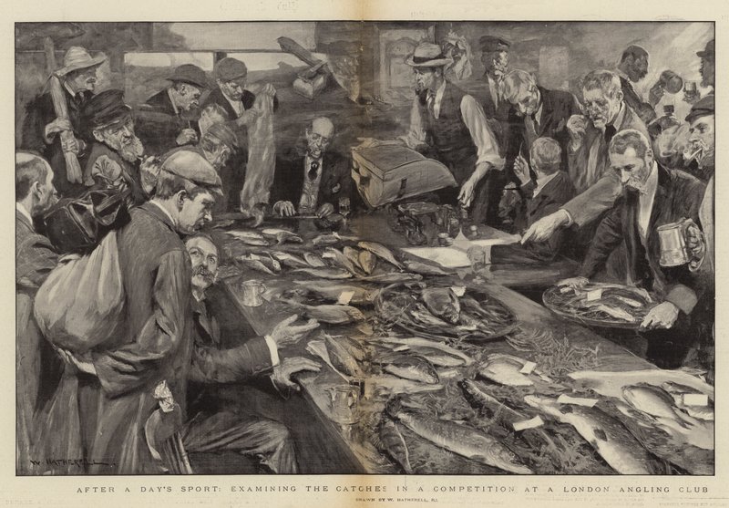 Después de un día de deporte, examinando las capturas en una competencia en un club de pesca de Londres de William Hatherell