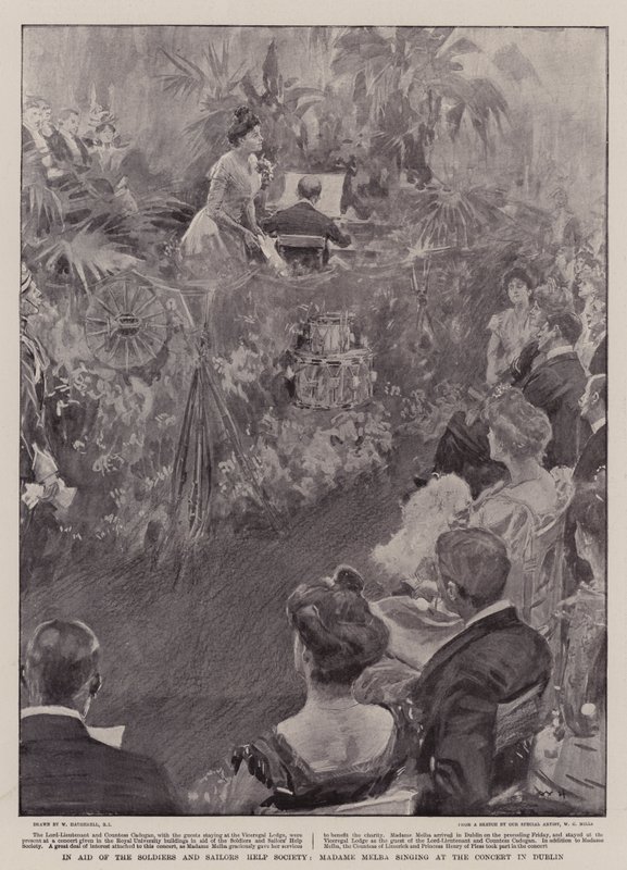 En ayuda de la Sociedad de Ayuda a Soldados y Marineros, Madame Melba cantando en el concierto en Dublín de William Hatherell