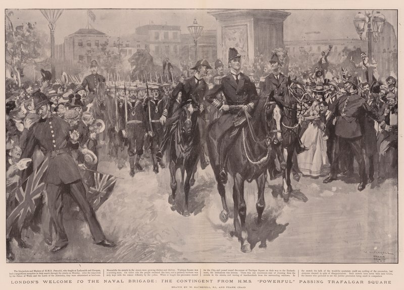 La bienvenida de Londres a la Brigada Naval, el contingente del HMS Powerful pasando por Trafalgar Square de William Hatherell
