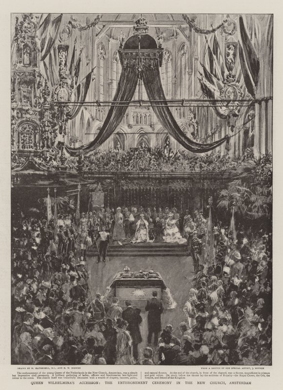 Accesión de la Reina Guillermina, la ceremonia de entronización en la Nueva Iglesia, Ámsterdam de William Hatherell