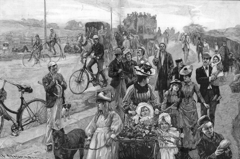 Escena callejera con muchas bicicletas de William Hatherell