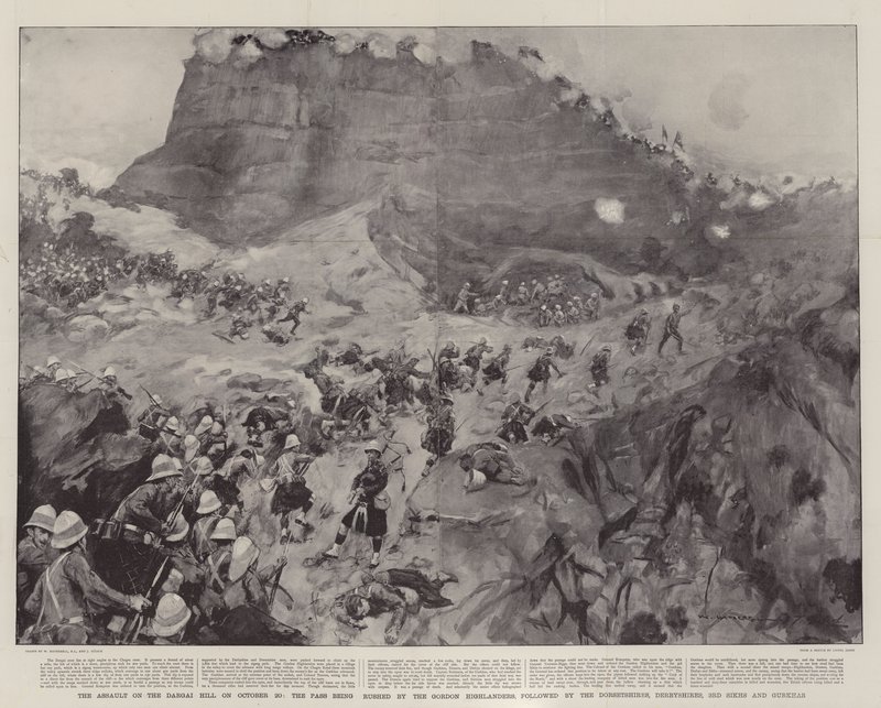 El asalto a la colina Dargai el 20 de octubre, el paso siendo tomado por los Gordon Highlanders, seguido por los Dorsetshires, Derbyshires, 3rd Sikhs y Gurkhas de William Hatherell