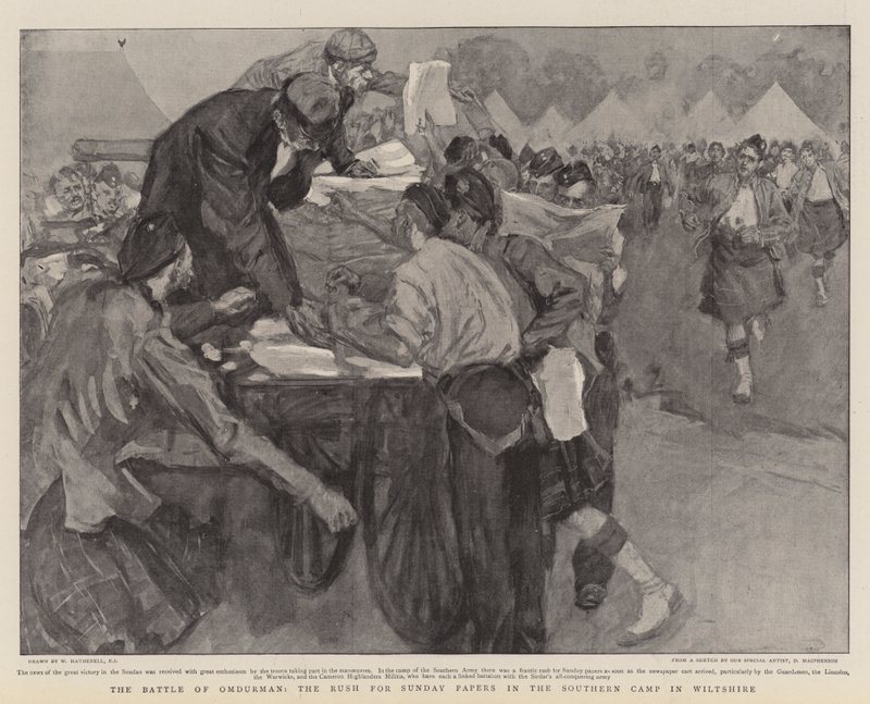 La batalla de Omdurman, la carrera por los periódicos del domingo en el campamento del sur en Wiltshire de William Hatherell