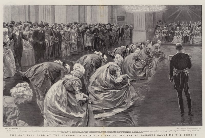El baile de carnaval en el Palacio del Gobernador en Malta, los bailarines de minueto saludando al trono de William Hatherell
