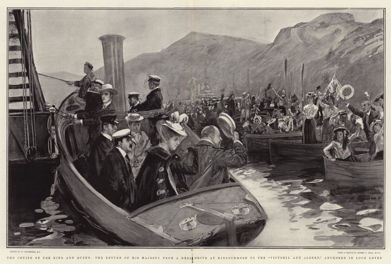 El crucero del rey y la reina, el regreso de Su Majestad de una cacería de ciervos en Kinlochmore al Victoria y Albert, anclado en Loch Leven de William Hatherell