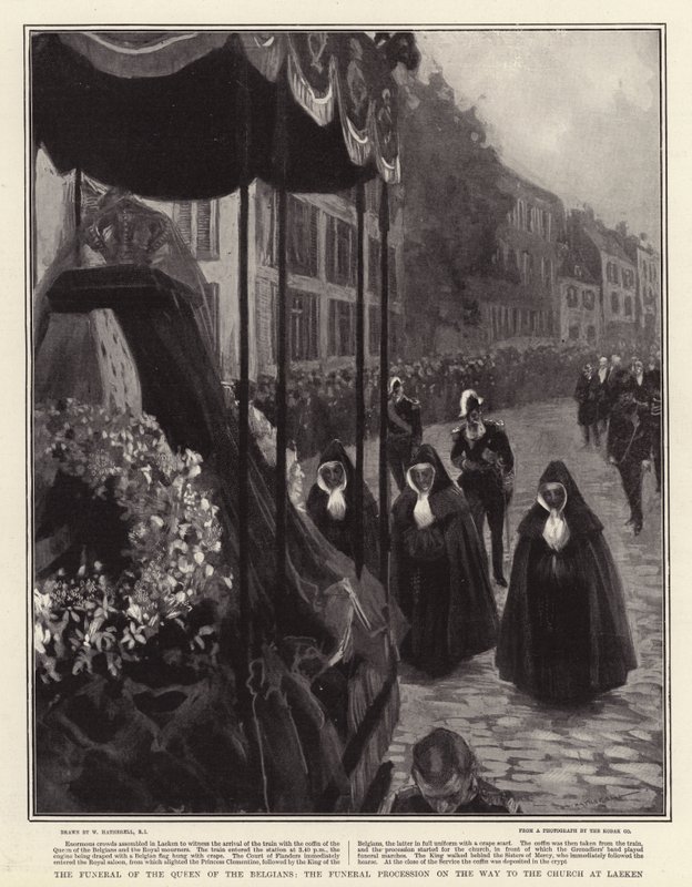 El funeral de la Reina de los Belgas, el cortejo fúnebre en camino a la iglesia en Laeken de William Hatherell