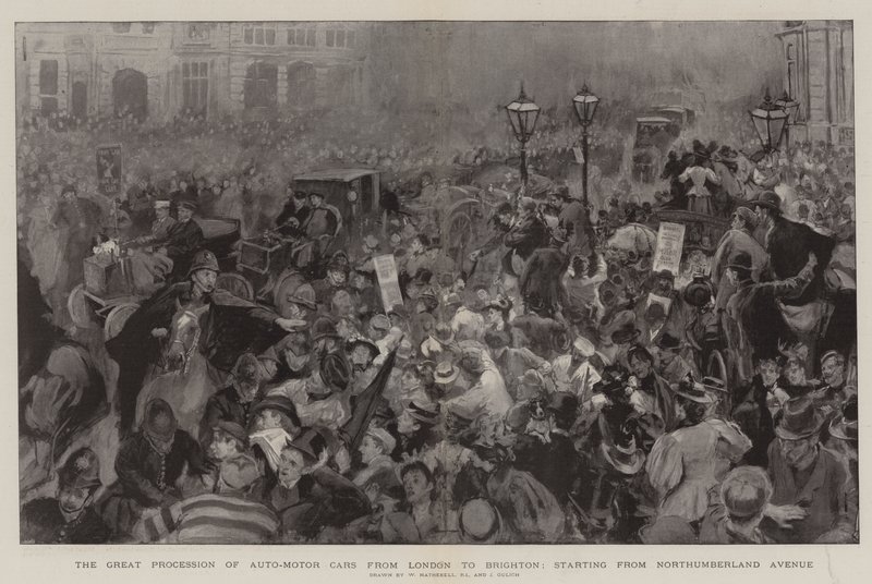 La gran procesión de autos-motores de Londres a Brighton, comenzando desde Northumberland Avenue de William Hatherell