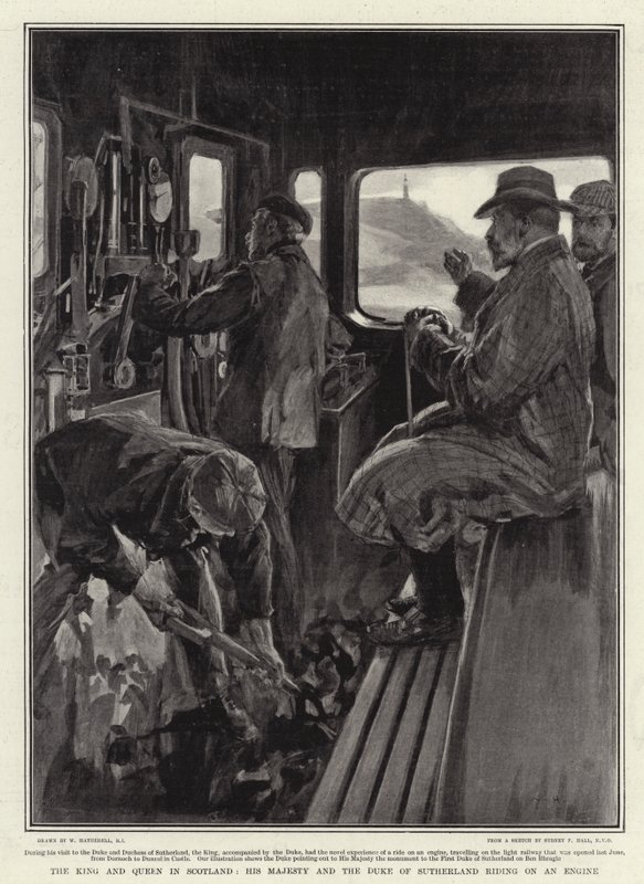El rey y la reina en Escocia, Su Majestad y el duque de Sutherland montando en una locomotora de William Hatherell