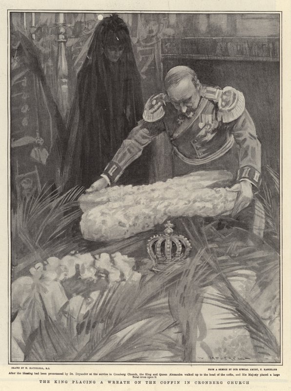 El rey colocando una corona en el ataúd en la iglesia de Cronberg de William Hatherell
