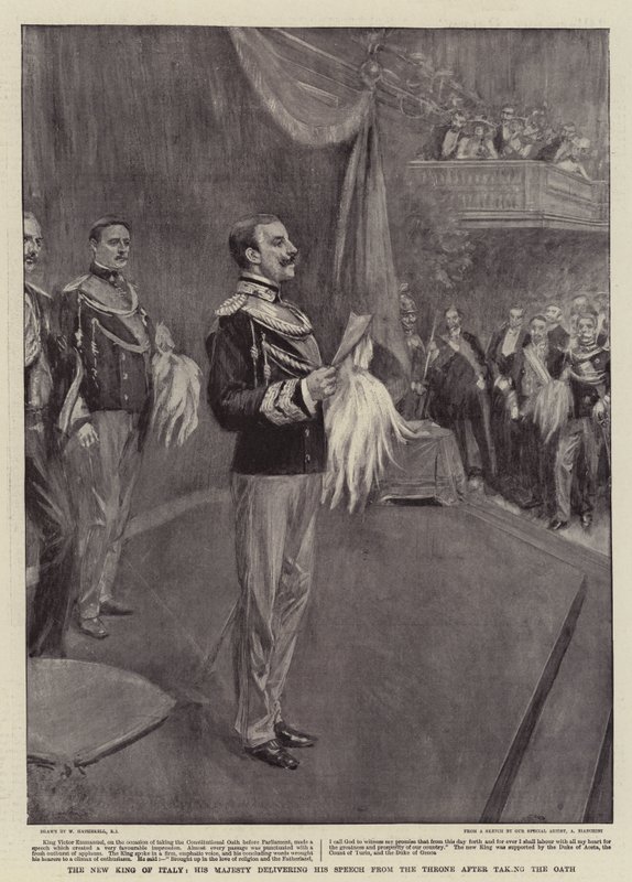 El nuevo Rey de Italia, Su Majestad pronunciando su discurso desde el trono después de tomar el juramento de William Hatherell