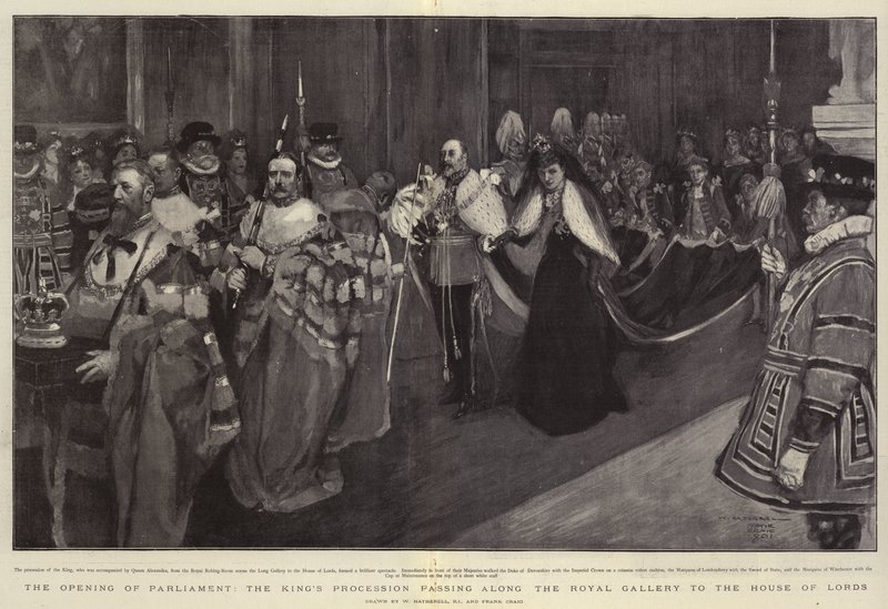 La Apertura del Parlamento, la Procesión del Rey pasando por la Galería Real hacia la Cámara de los Lores de William Hatherell