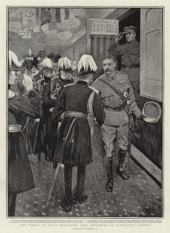 El Príncipe de Gales dando la bienvenida a Lord Kitchener en la Estación de Paddington de William Hatherell