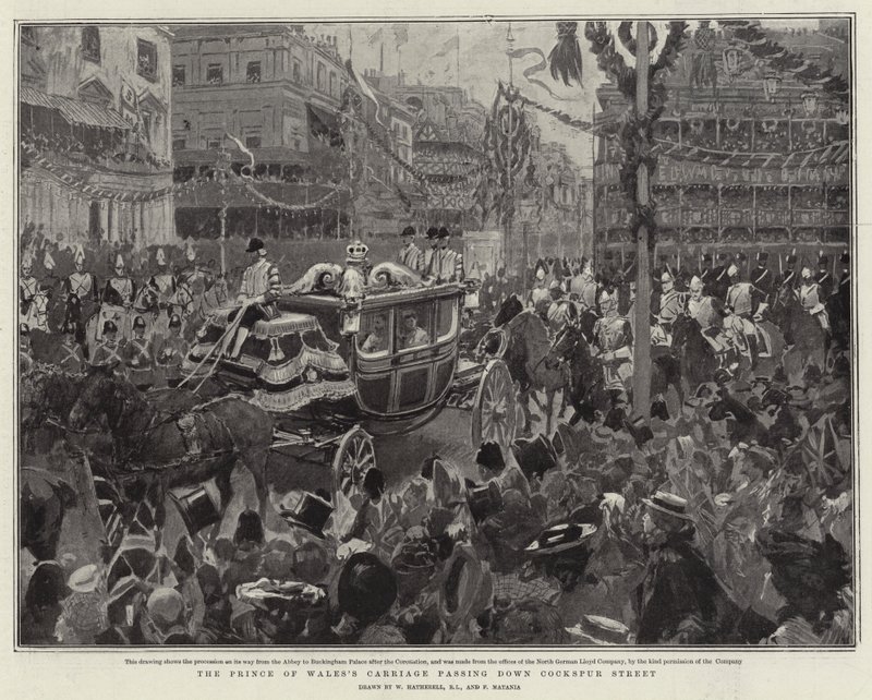 El carruaje del Príncipe de Gales pasando por Cockspur Street de William Hatherell