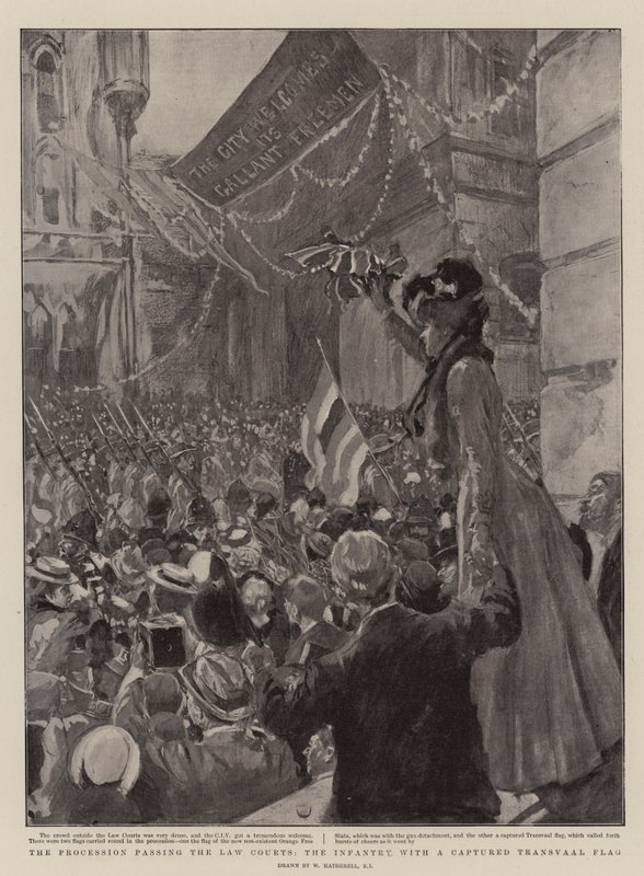La Procesión Pasando los Tribunales, la Infantería con una Bandera Capturada del Transvaal de William Hatherell