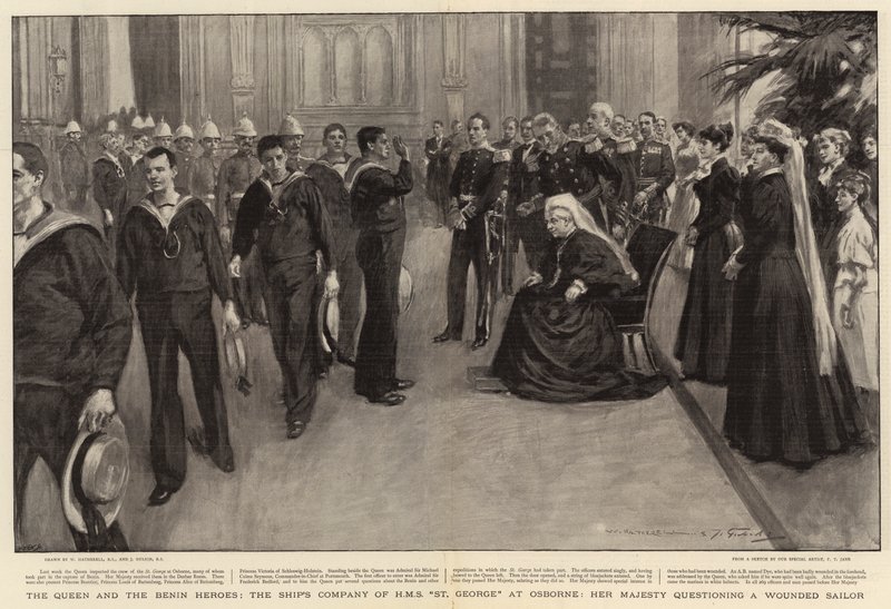 La Reina y los héroes de Benín, la tripulación del HMS St George en Osborne, Su Majestad interrogando a un marinero herido de William Hatherell