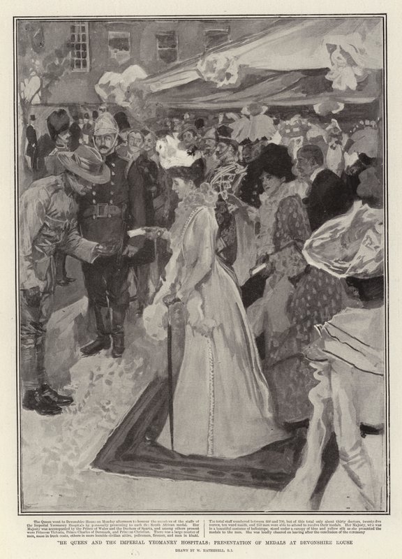La Reina y los Hospitales de la Yeomanry Imperial, Presentación de Medallas en Devonshire House de William Hatherell