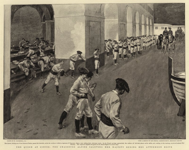 La Reina en Cimiez, los Cazadores Alpinos saludando a Su Majestad durante su paseo vespertino de William Hatherell