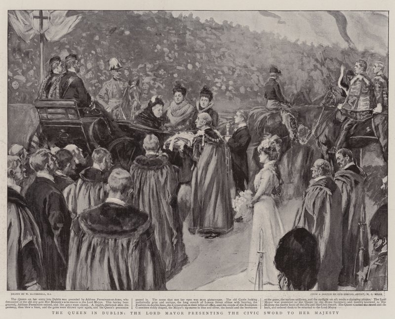 La reina en Dublín, el alcalde presentando la espada cívica a Su Majestad de William Hatherell