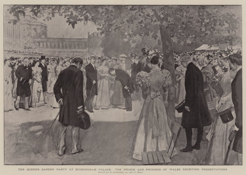 La fiesta en el jardín de la Reina en el Palacio de Buckingham, el Príncipe y la Princesa de Gales recibiendo presentaciones de William Hatherell