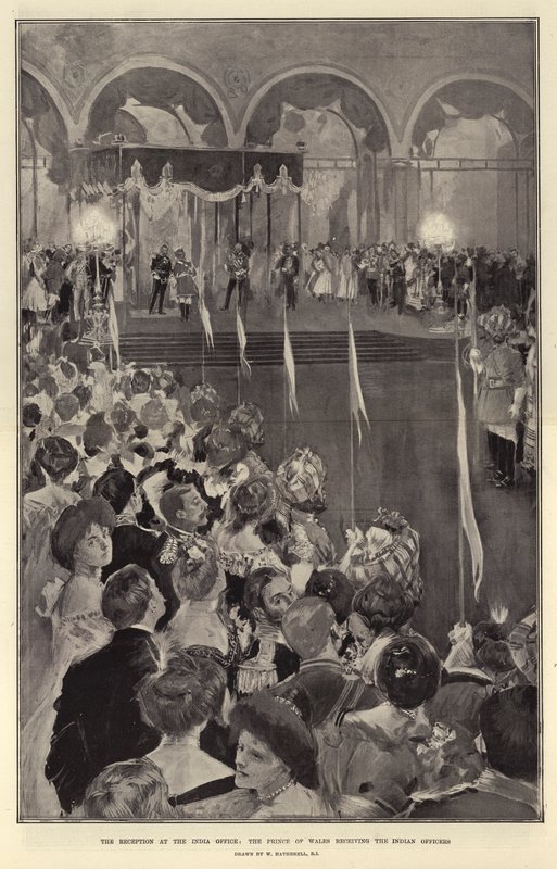 La recepción en la Oficina de la India, el Príncipe de Gales recibiendo a los oficiales indios de William Hatherell