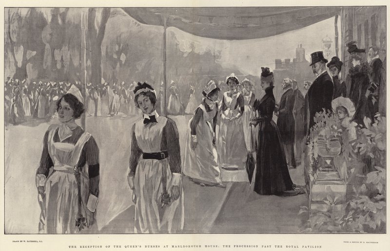 La Recepción de las Enfermeras de la Reina en Marlborough House, la Procesión frente al Pabellón Real de William Hatherell