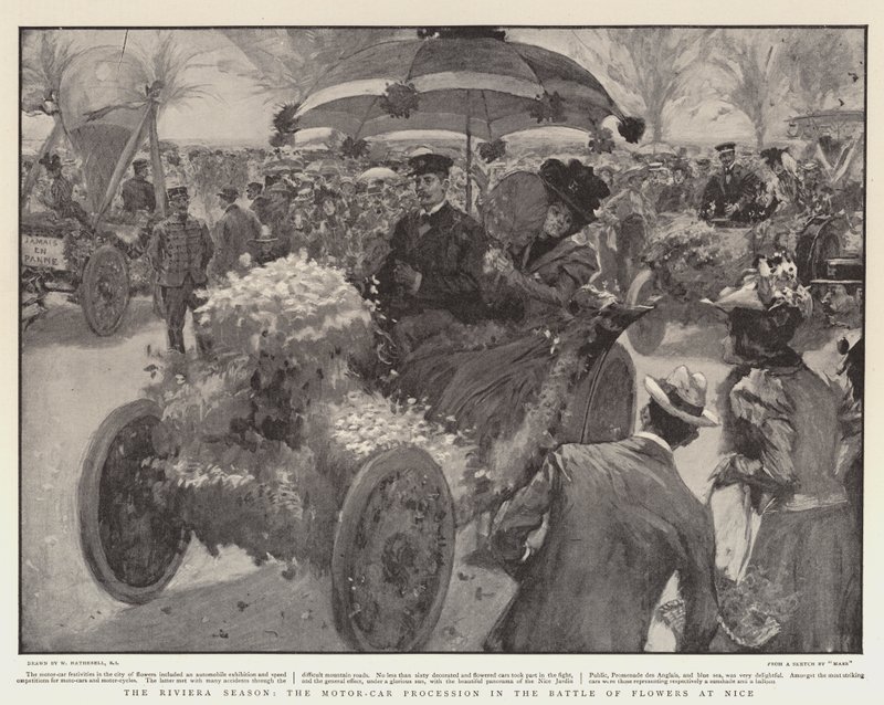 La temporada de la Riviera, la procesión de automóviles en la Batalla de las Flores en Niza de William Hatherell