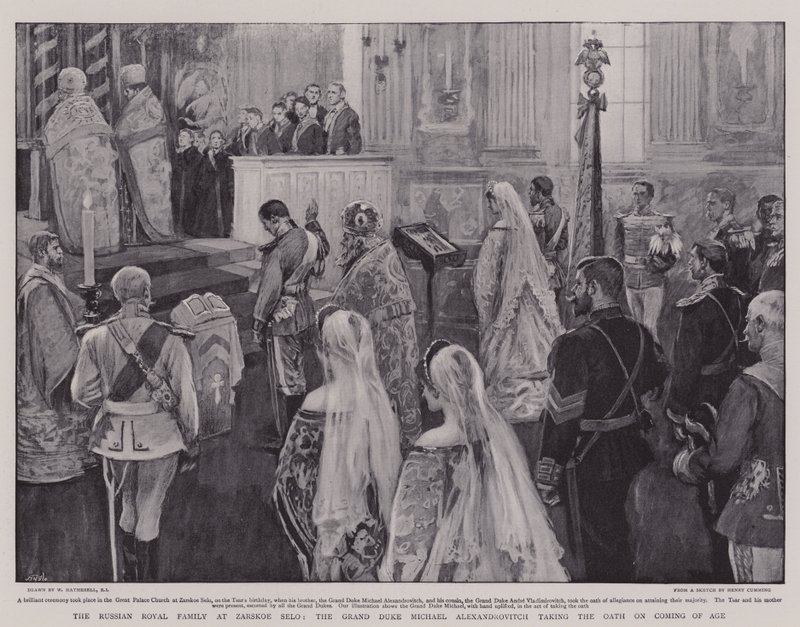 La Familia Real Rusa en Zarskoe Selo, el Gran Duque Michael Alexandrovitch prestando Juramento al Alcanzar la Mayoría de Edad de William Hatherell