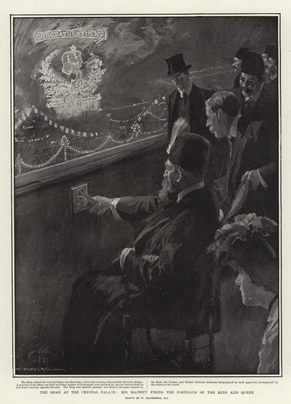 El Shah en el Palacio de Cristal, Su Majestad disparando a los retratos del Rey y la Reina de William Hatherell