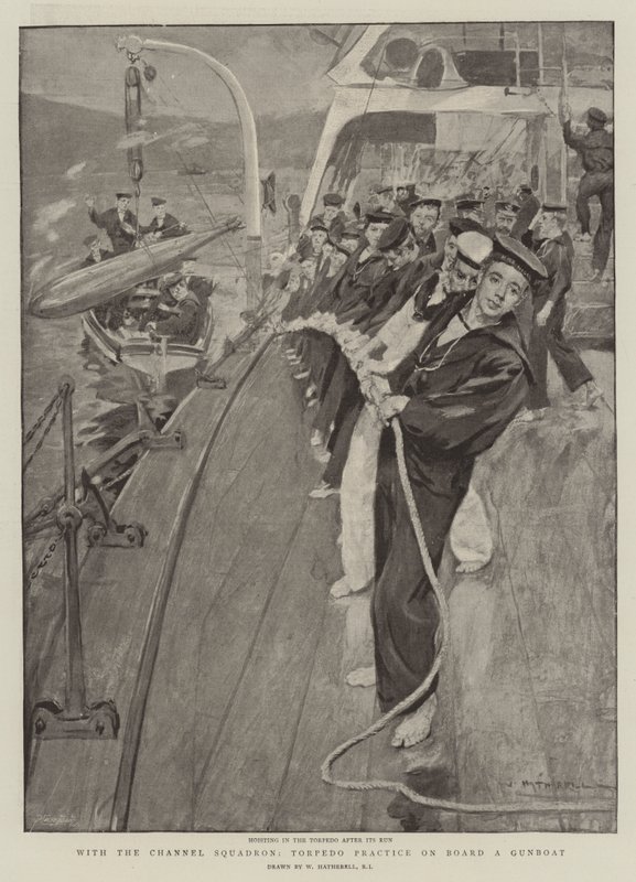 Con el Escuadrón del Canal, práctica de torpedos a bordo de una cañonera de William Hatherell