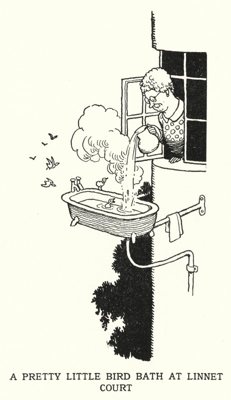 Un bonito baño de pájaros en Linnet Court de William Heath Robinson