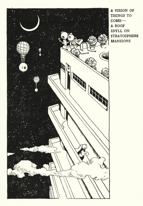 Una Visión de las Cosas por Venir, Un Idilio en el Techo de Stratosphere Mansions de William Heath Robinson