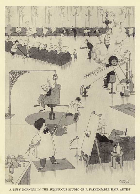 Una mañana ocupada en el suntuoso estudio de un artista de peluquería de moda de William Heath Robinson