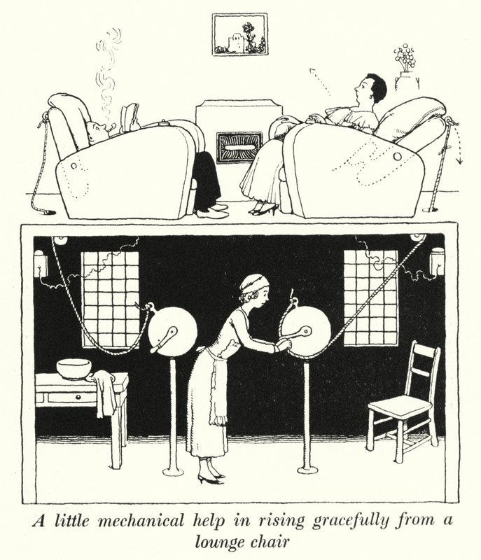 Un poco de ayuda mecánica para levantarse graciosamente de una silla de salón de William Heath Robinson