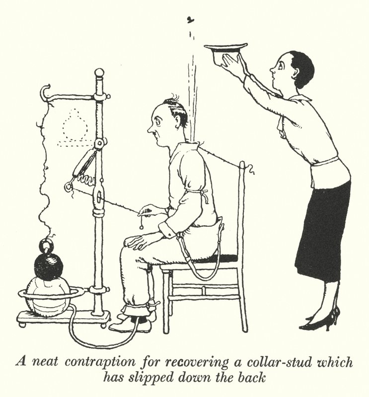 Un artilugio ingenioso para recuperar un botón de cuello que se ha deslizado por la espalda de William Heath Robinson