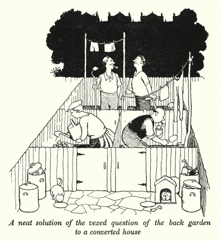 Una solución ingeniosa a la cuestión del jardín trasero en una casa convertida de William Heath Robinson