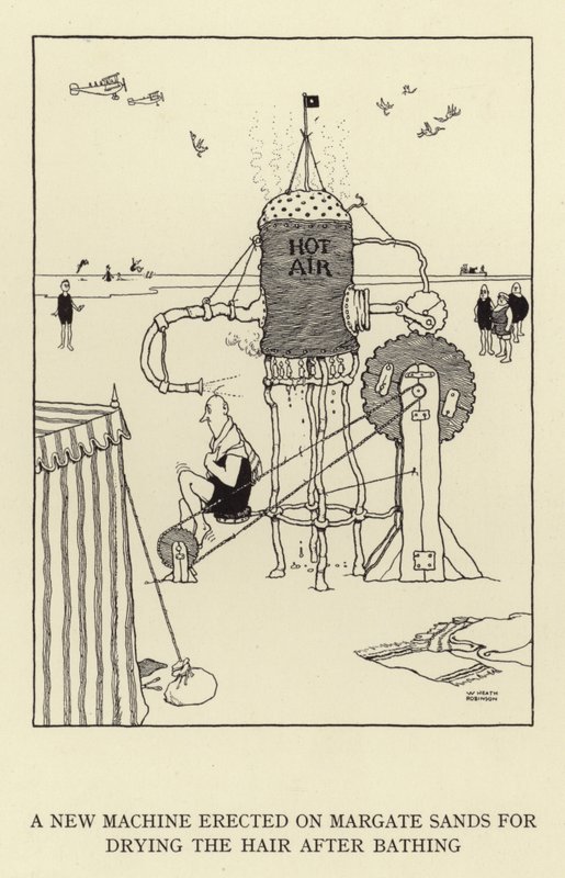 Una nueva máquina erigida en las Arenas de Margate para secar el cabello después del baño de William Heath Robinson